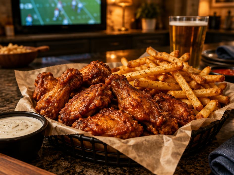 Basket of wings and fries on game day
