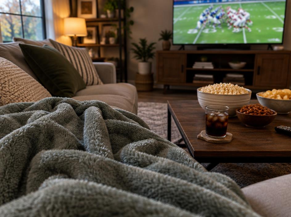 Cozy throw blanket on a couch during a football game