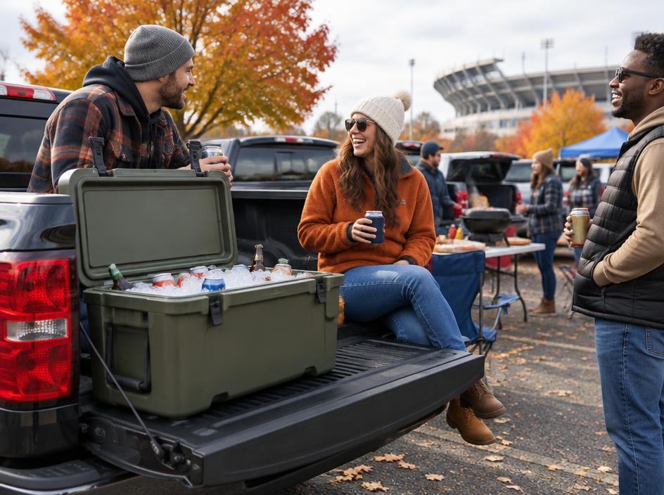 Friends tailgating with a cooler full of drinks