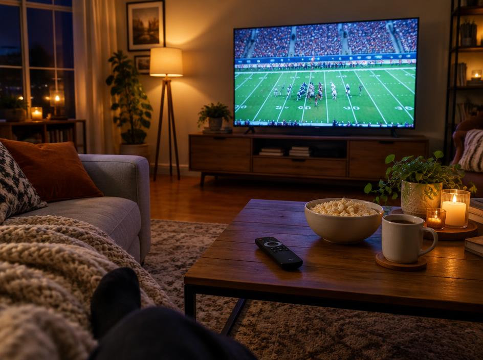 Living room TV showing a football game