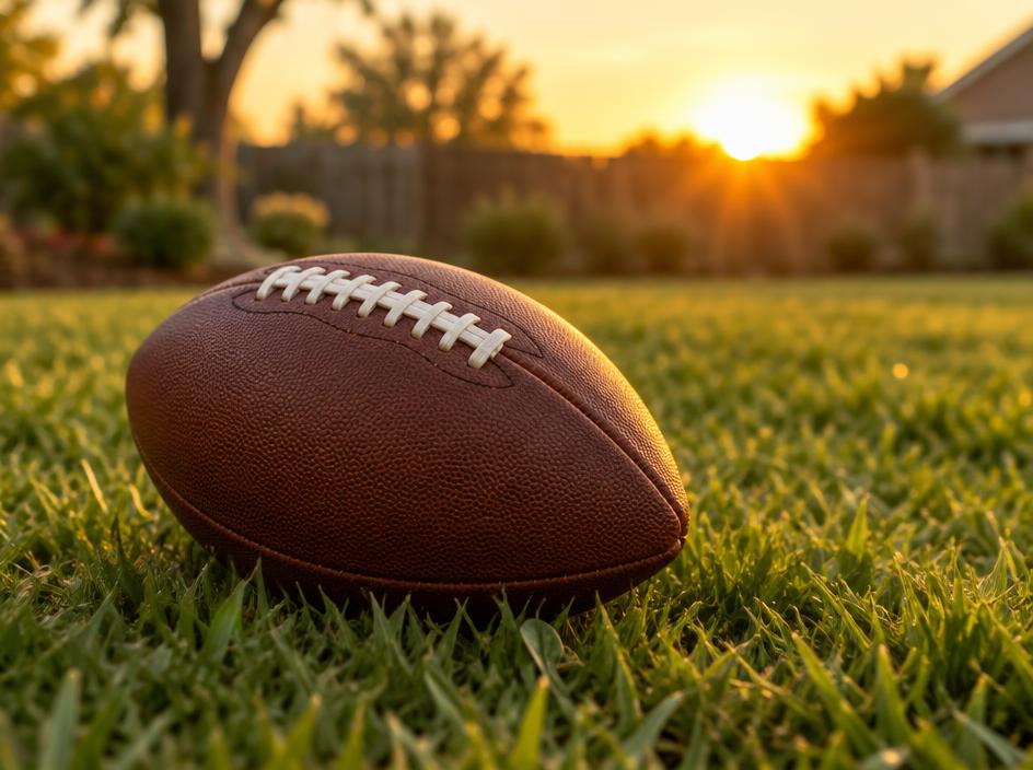 Football on backyard grass at sunset