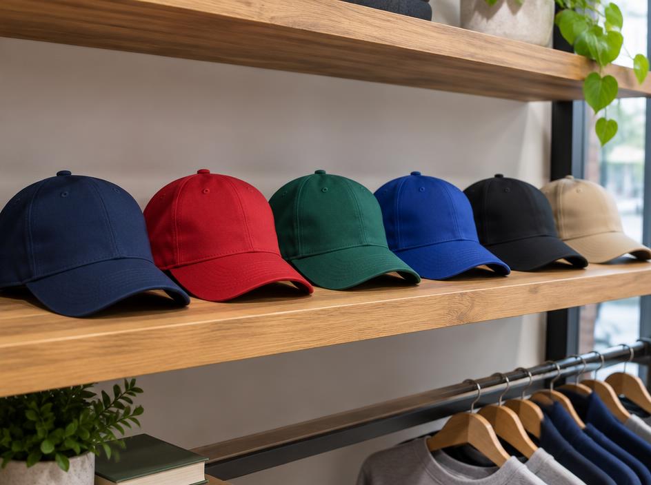 Row of caps on a shelf