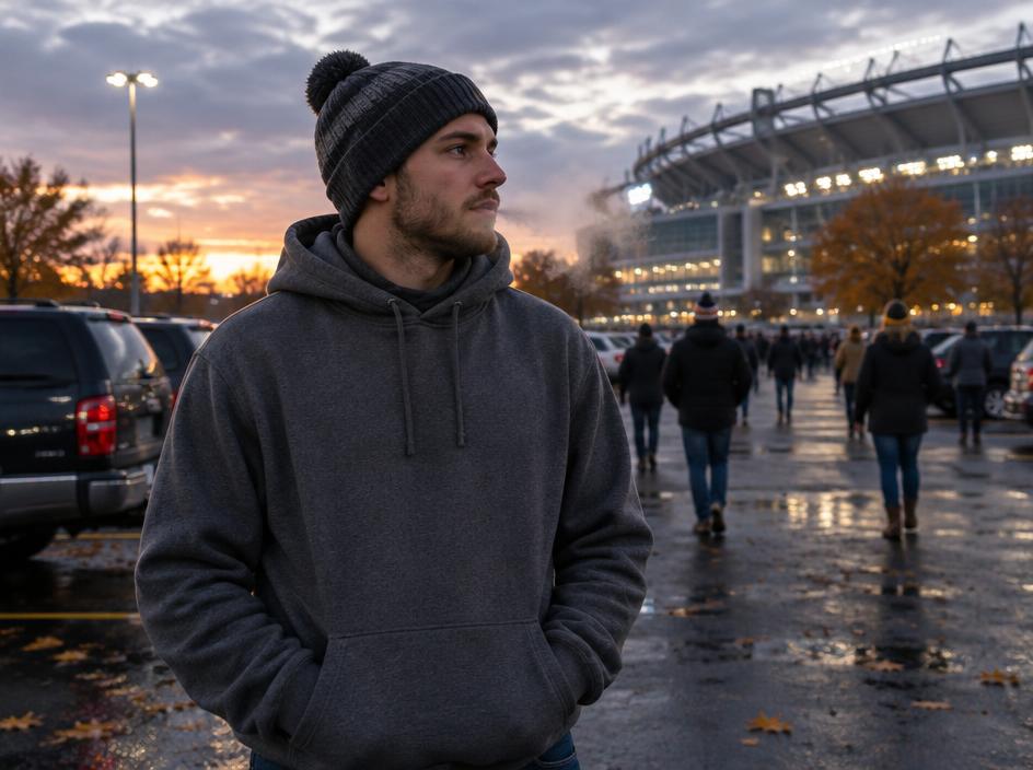 Fan in a hoodie outside a stadium on a cold evening