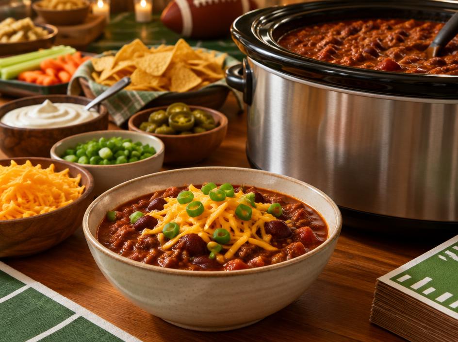 Bowl of chili beside a slow cooker on a game-day table