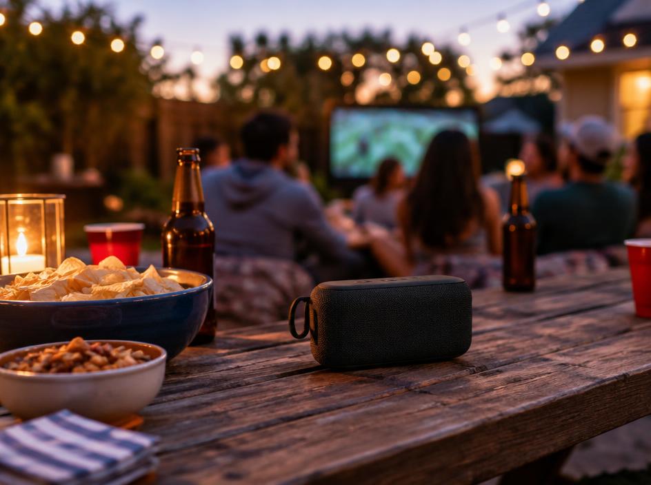 Portable speaker at a backyard watch party