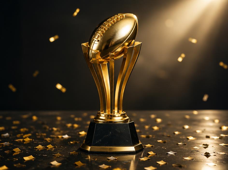 Gold football trophy under a spotlight